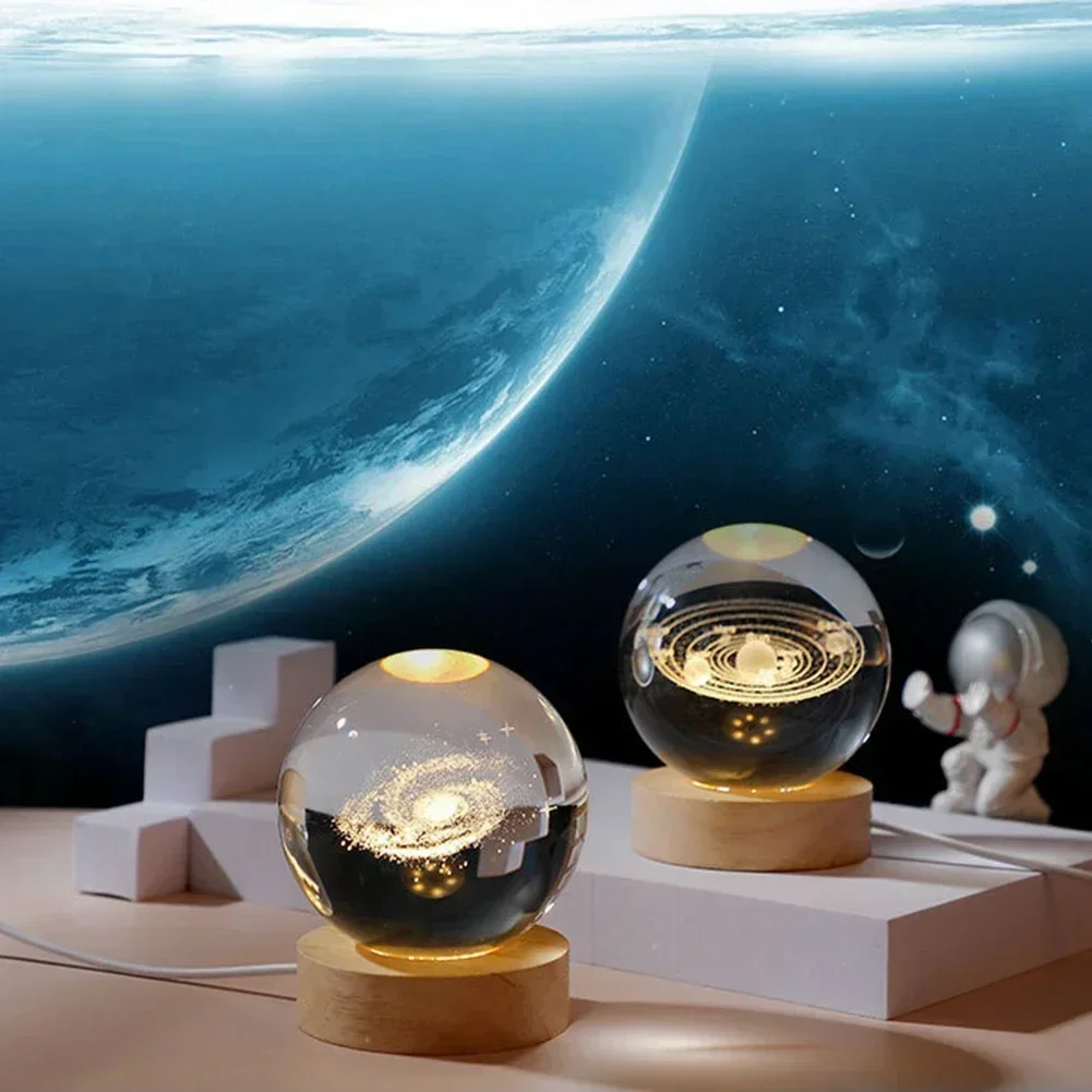 Уникальная 3d-лампа с хрустальными шариками, 6 см, с галактикой и планетарными проекциями, USB ночник для уютной атмосферы, плазменный шар с деревянной основой