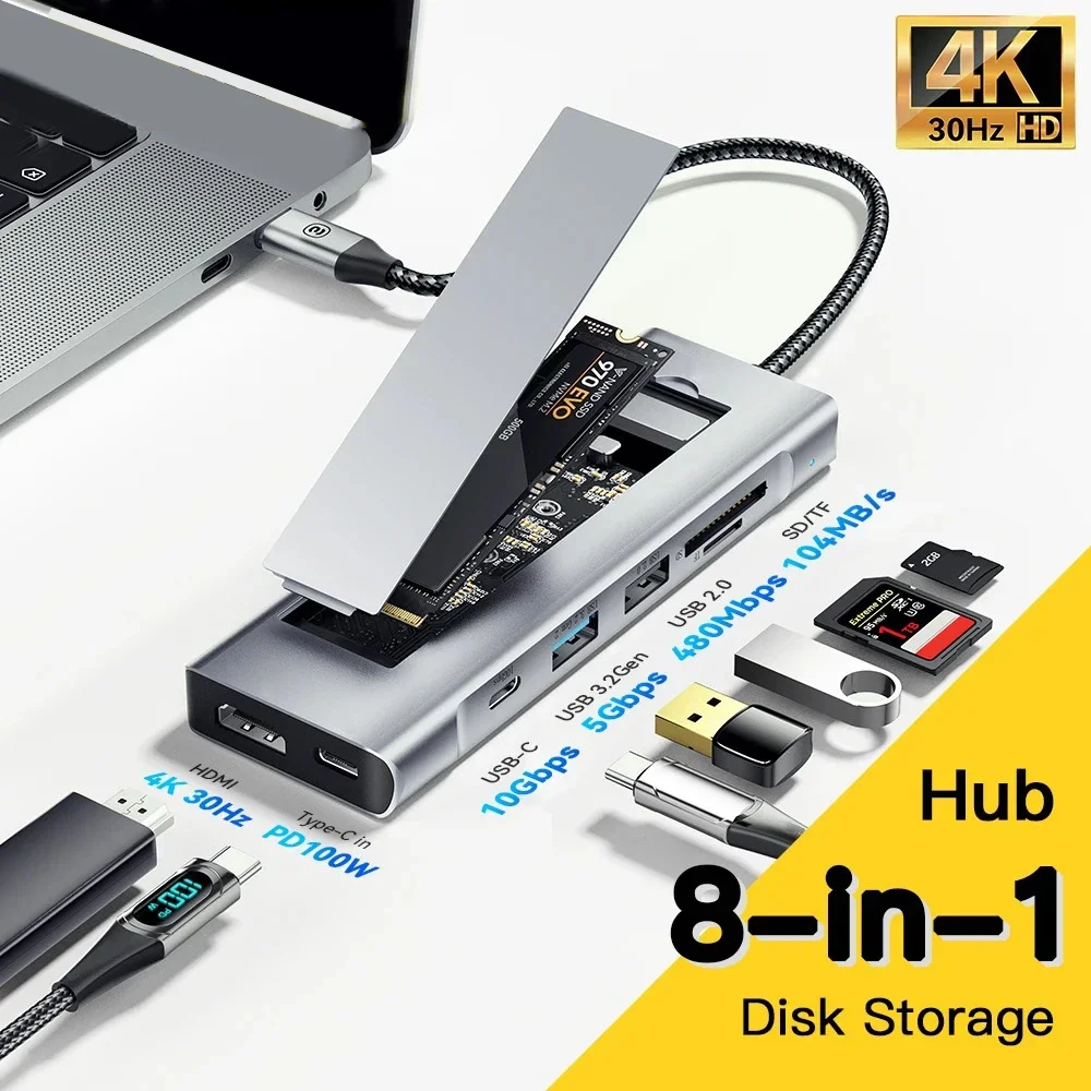 USB-концентратор 8-в-1 с функцией хранения дисков SSD M.2 SATA NVME USB Type C к HDMI-совместимой док-станции для Macbook Air M1 M2