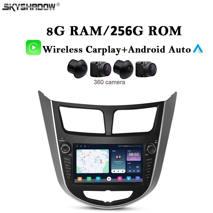 Carplay Auto Android 14.0 8G + 256G Автомобильный мультимедийный DVD-плеер GPS WIFI Bluetooth Радио для Hyundai Verna Accent Solaris 2012-2015