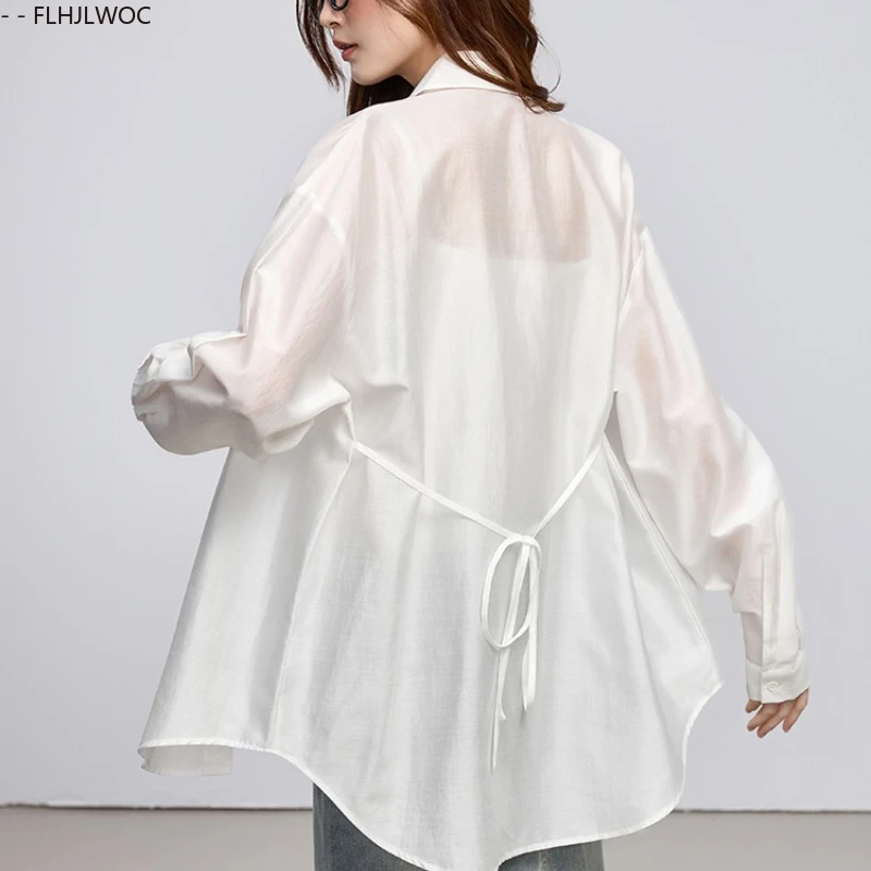 Фото Защита от солнца, корейские шикарные топы, Blusas, праздничные прозрачные сетчатые тонкие сексуальные прозрачные белые длинные рубашки-бойфренды, галстук-бабочка, женская блузка №2