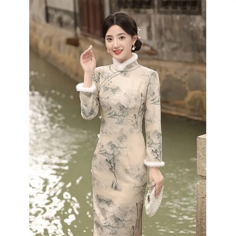 Ципао в современном китайском стиле, осень-зима 2022, утепленное платье Cheongsam с длинными рукавами, улучшенное элегантное элитное тонкое платье для молодых девушек Этническая одежда