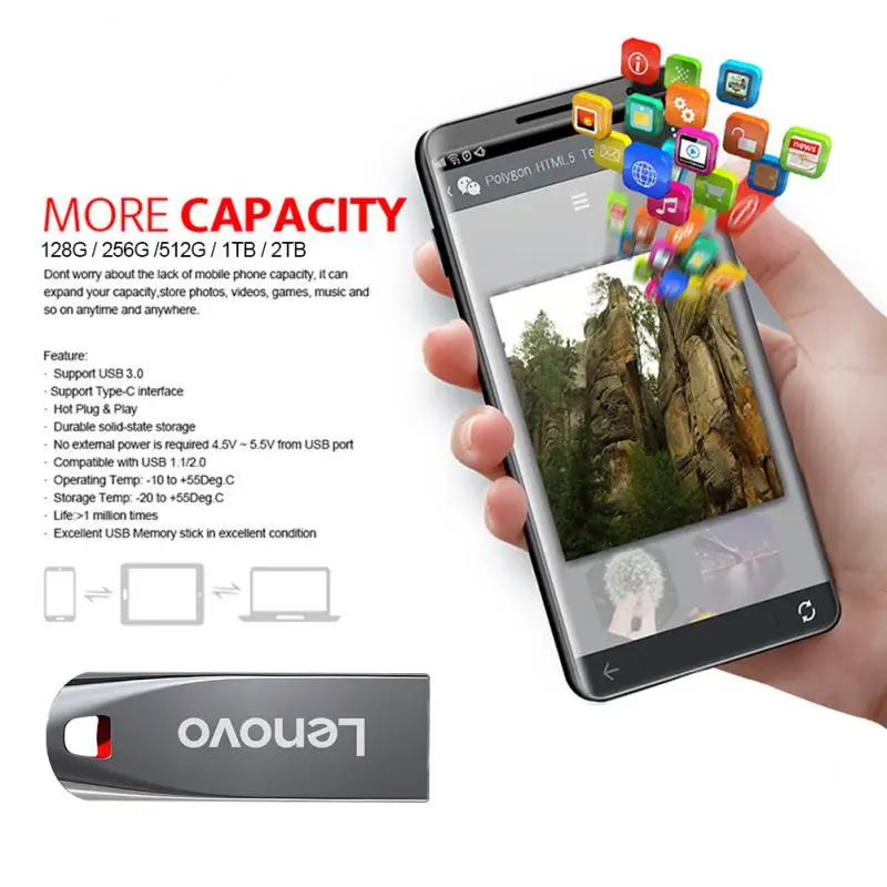Фото Оригинальный флэш-накопитель Lenovo 2 ТБ USB 3,1, высокоскоростной флэш-накопитель, 1 ТБ, металлическая водонепроницаемая USB-накопитель Type-C для компьютерных устройств №3