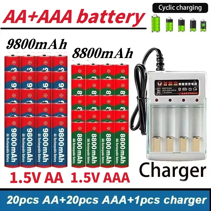 Аккумуляторная батарея AA, оригинальная Лидер продаж 2024, 1,5 в, AA9800MAH + AAAA8800MAH + зарядное устройство для машинки для стрижки волос MP3