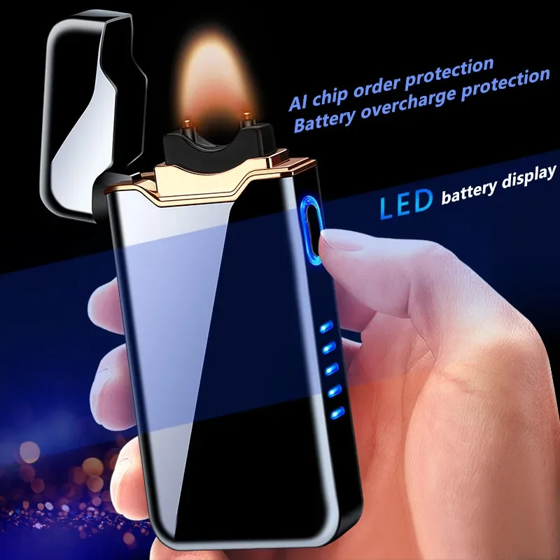 Новая электрическая зажигалка с дугой зажигания, USB, металлическая перезаряжаемая зажигалка для сигар, аккумулятор, дисплей, зажигалка с большим пламенем, подарок