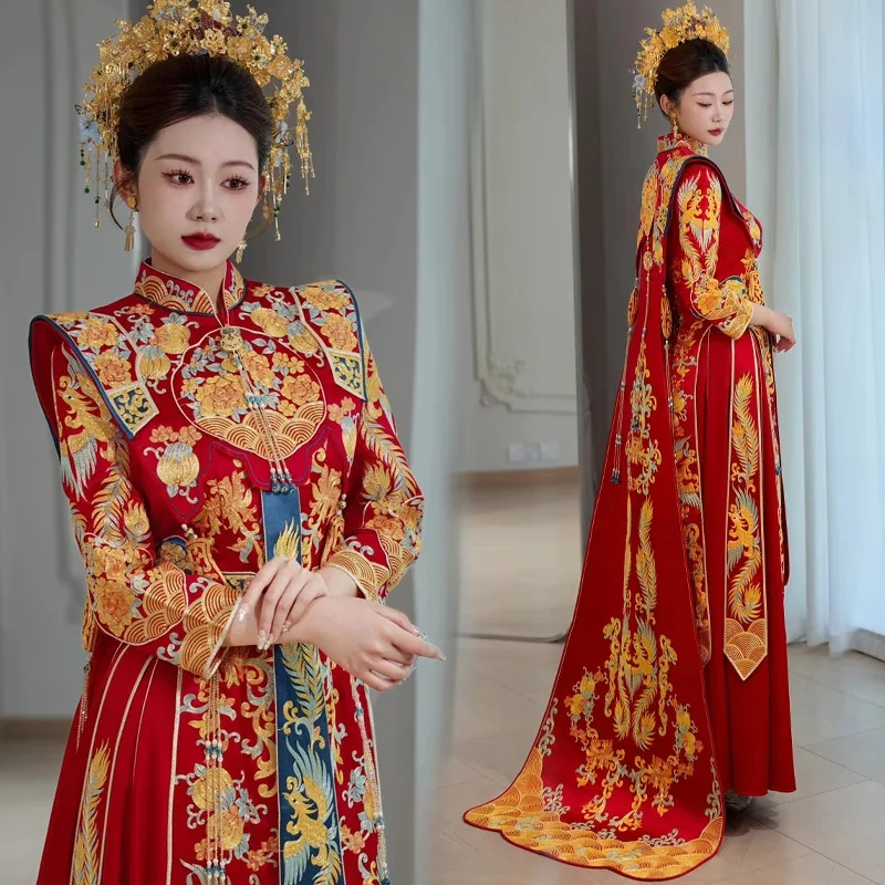 Китайский винтажный банкетный костюм для невесты с вышивкой Феникса Qipao, классическое свадебное платье Cheongsam костюм для восточных