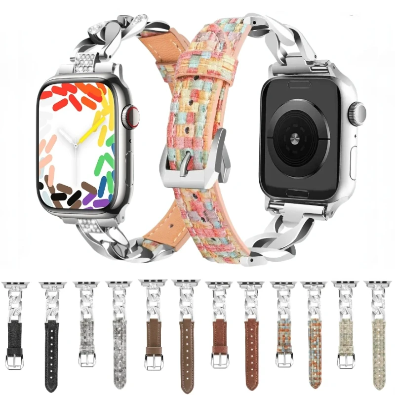 Металлический + кожаный ремешок для Apple Watch Band Ultra 49 мм 10 42 мм 46 мм 9 8 7 45 мм 41 мм Ремешок с бриллиантами для IWatch SE 5 6 4 44 мм 42 мм 40 мм Аксессуары для часов