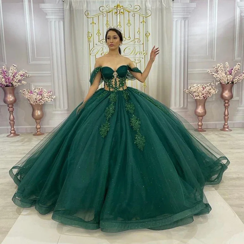 ANGELSBRIDEP Зеленые кристальные мексиканские платья Quinceanera с открытыми плечами, бальное платье для дня рождения, Vestidos de 15 años по индивидуальному заказу