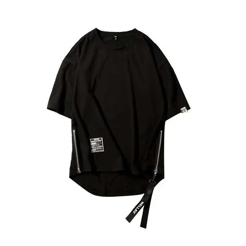Мужская черная футболка Techwear из 100% хлопка на молнии с коротким рукавом Летняя мужская футболка в стиле хип-хоп Oversize Cargo Футболки Camisetas Hombre