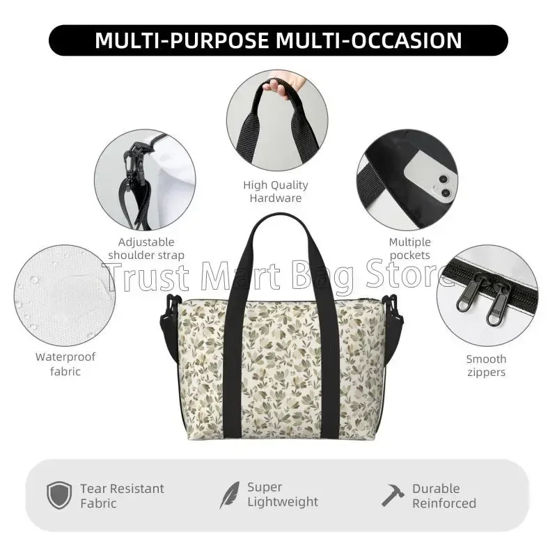Фото Sacs voyage à imprimé Floral vert sauge Бежевый, sac nuit étanche pour week-end pour femmes, sac à main sport et gymna №4