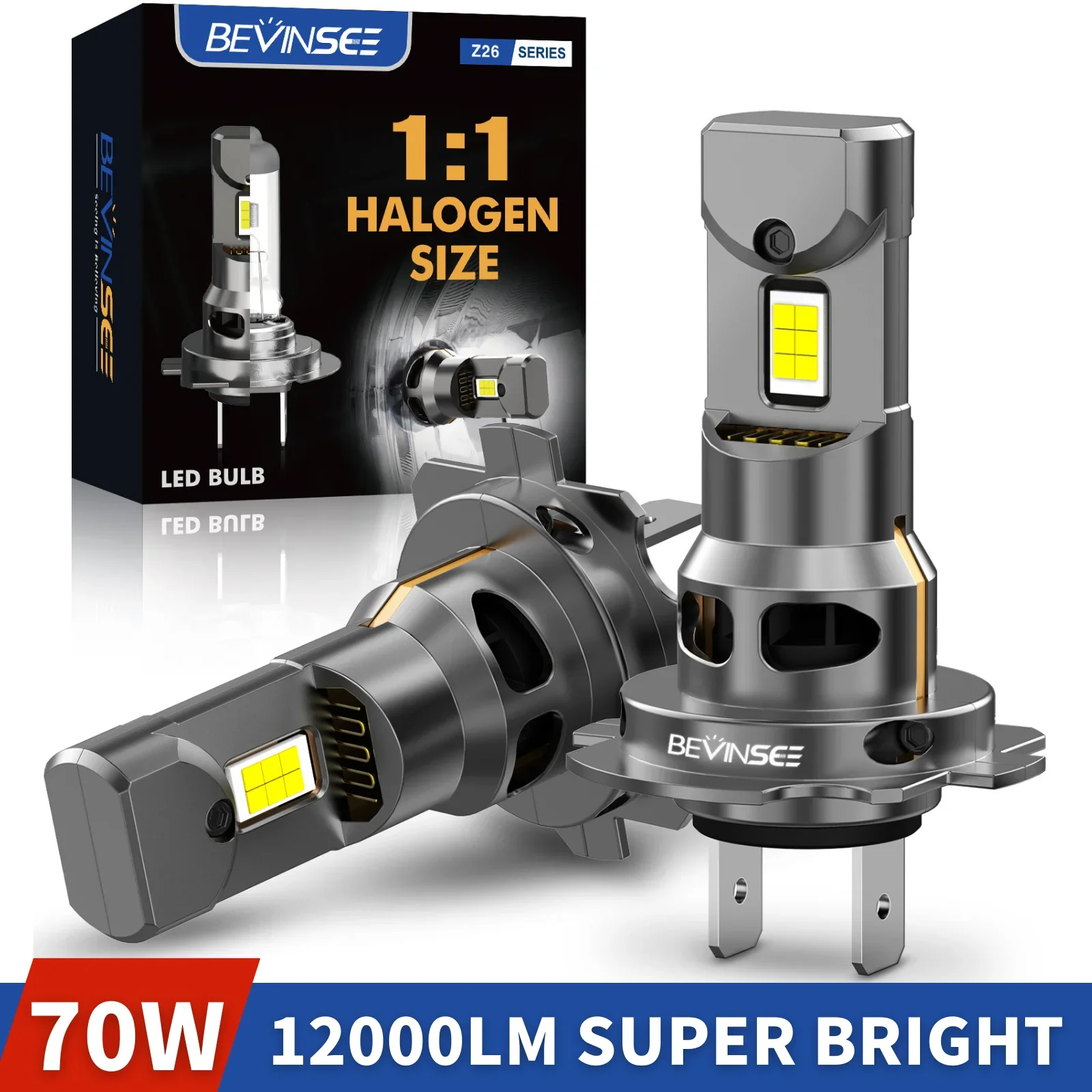 BEVINSEE Ampoule LED H7 CANBUS Супер яркий 1:1 Галогенный размер Plug & Play Беспроводной турбовентилятор H7 Светодиодные лампы для автомобильных фар 6000K 12V