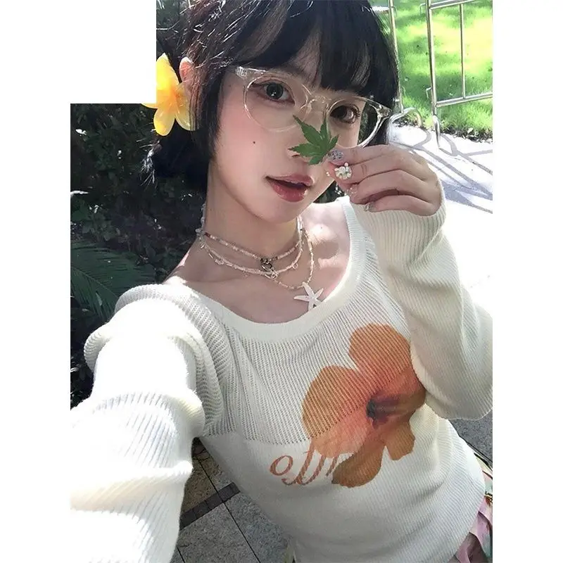 Y2k Топ Kpop Kawaii Ropa Mujer Одежда в стиле гранж Графические футболки Гранж INS Корейский стиль Свитер на одно плечо Вязаный свитер