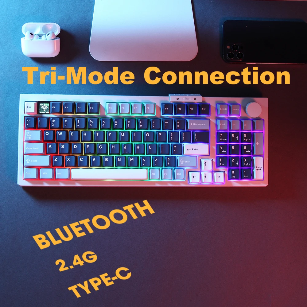 Фото Игровая механическая клавиатура Darmoshark TOP98, беспроводная клавиатура с Bluetooth, три режима, 98 клавиш, горячая замена, клавиатура для компьютера и офиса, с серебристым переключателем №3
