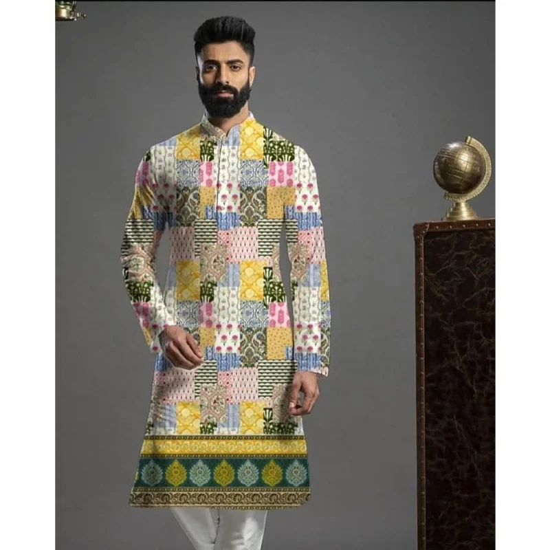 Фото Мужской цифровой печатный Kurta Vardha, обычный воротник-стойка, длинный, подходит для всех случаев, таких свадьба, Hari Raya Aidilfitri №4