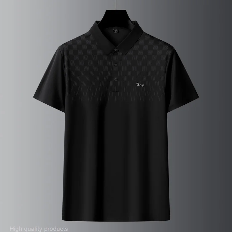 Фото Kaus POLO Lengan Pendek Sutra Es Bersirkulasi Canggih Pria Kasual Mewah Kerah Atasan Musim Panas Fashion Kotak-kotak Bordir №4