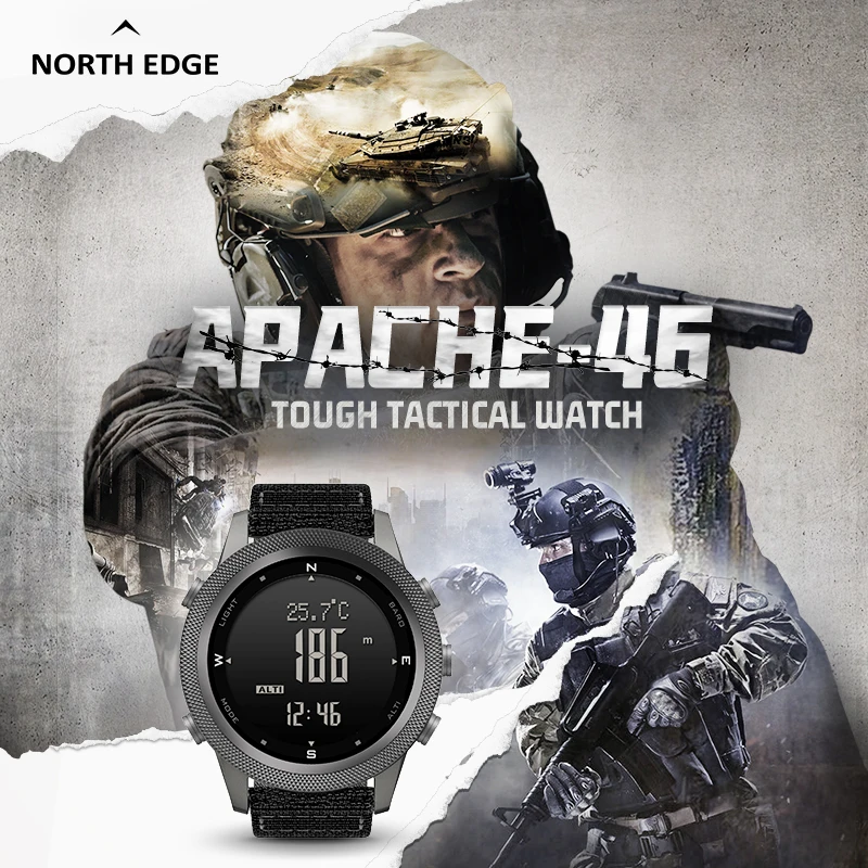 Фото Новые мужские цифровые часы NORTH EDGE APACHE-46, военные спортивные секундомеры, 50 м, водонепроницаемые, высотомер, компас, барометр, умные часы №2