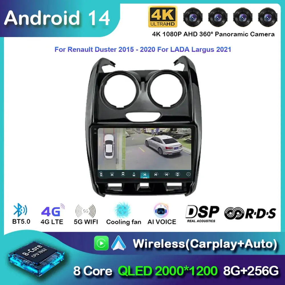 Автомобильное радио Android 14 для Renault Duster 2014 2015 2016 2017-2020 навигация GPS мультимедийный плеер стерео Wi-Fi + 4G Carplay DSP BT