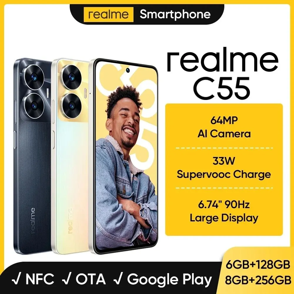 Глобальная версия Realme C55 8 Гб 256 ГБ 64 мп AI камера MediaTek Helio G88 33 Вт SuperVOOC зарядное устройство 6,72 ''90 Гц FHD + дисплей 5000 мАч MTK