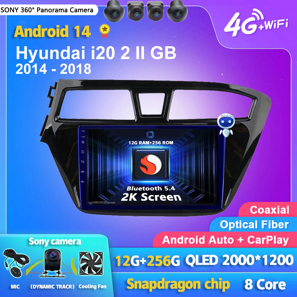 Android 14 Carplay Auto 2K экран автомобильный радиоприемник мультимедийный видеоплеер для Hyundai i20 2 II GB 2014-2018 2 din авторадио стерео