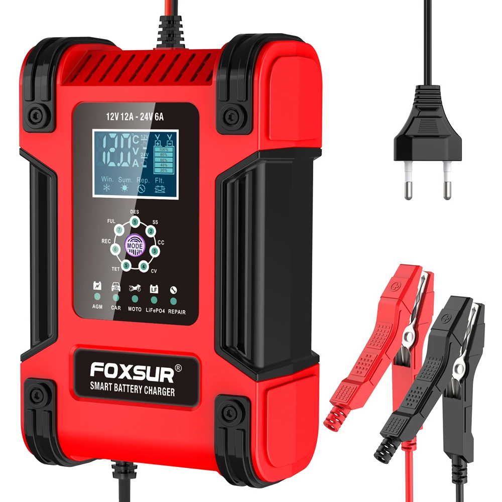 Фото FOXSUR 12V 24V 12A Зарядное устройство для свинцово-кислотных аккумуляторов, 7-ступенчатое зарядное устройство для мотоциклетных и автомобильных аккумуляторов, интеллектуальное зарядное устройство AGM с глубоким циклом GEL EFB №2