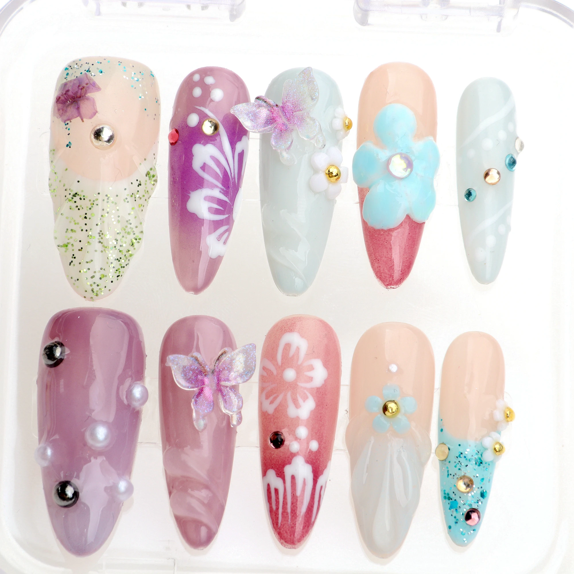 10 шт. 3D пресс-бабочка на ногтях Fairy Tale Flower Long Almond Press On Nails Dreamy Nails Y2K с набором клейких пилочек для ногтей