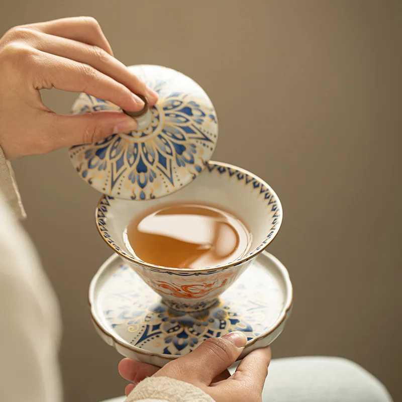 Фото Цзиндэчжэнь керамика растирание Kweichow Moutai Dunhuang Tureen кунг-фу чайный сервиз чашка Бамбуковая Шляпа Подкова набор гайвань, крытая чаша №5