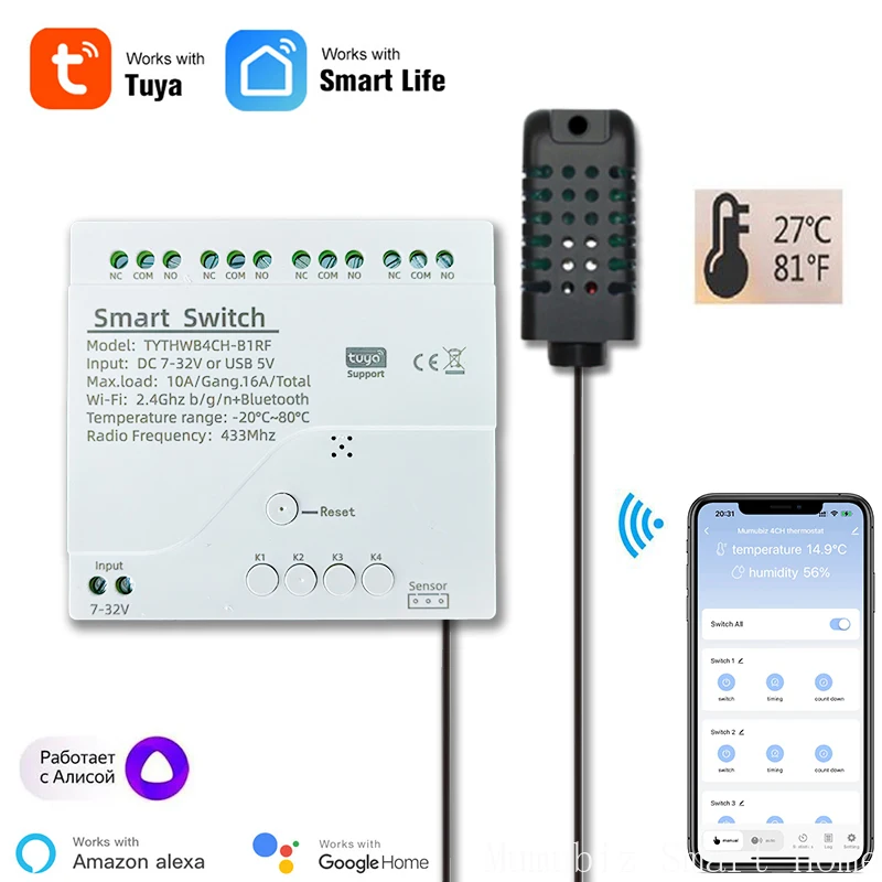 Tuya Smart 7-32 в WiFi 4-канальное реле с датчиком температуры и влажности пассивный сухой контактный переключатель RF433 Alexa Alice совместимый