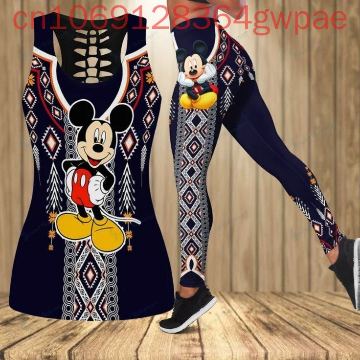 Женский полый майка Disney с Микки Маусом, комплект для йоги, летние леггинсы для фитнеса, спортивный костюм, майка с вырезом, комплект леггинсов