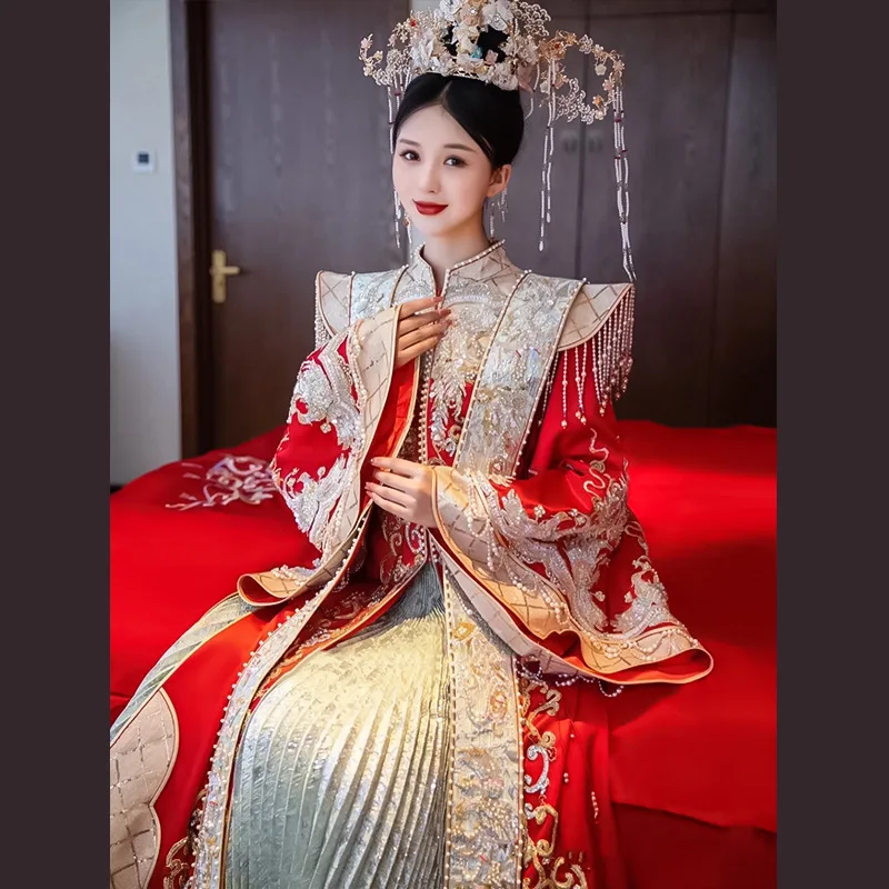 Традиционное вышитое бисером китайское платье Qipao для свадебной вечеринки Потрясающие платья Чонсам для пар красная юбка с блестками