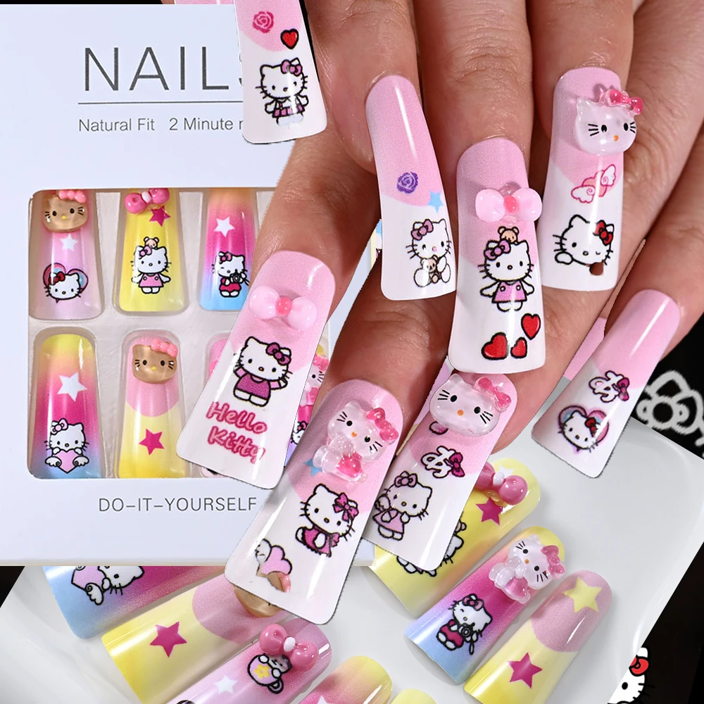 12 шт. Y2K Christmas Duckbill Hello Kitty накладные ногти 3D Kawaii Hello Kitty Press on Nail Tips 2,76-3,36 см Mid-Duckbill Kitty Nail