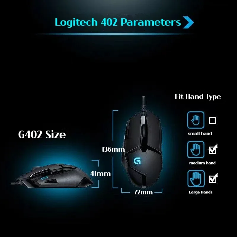 Фото Мышь Logitech G402 Hyperion Fury с кабелем, 4000 DPI, 8 кнопок, программируемая оптическая мышь, совместимая с ПК/Mac, Черная №5