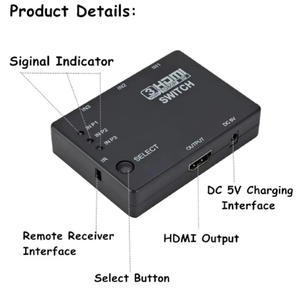 Фото 3x1 HDMI Switcher KVM Switches 1080P HDMI Switch Adapter 3 Input 1 Output HDMI Switches Hub for Xbox PS4 DVD HDTV PC Laptop TV №3