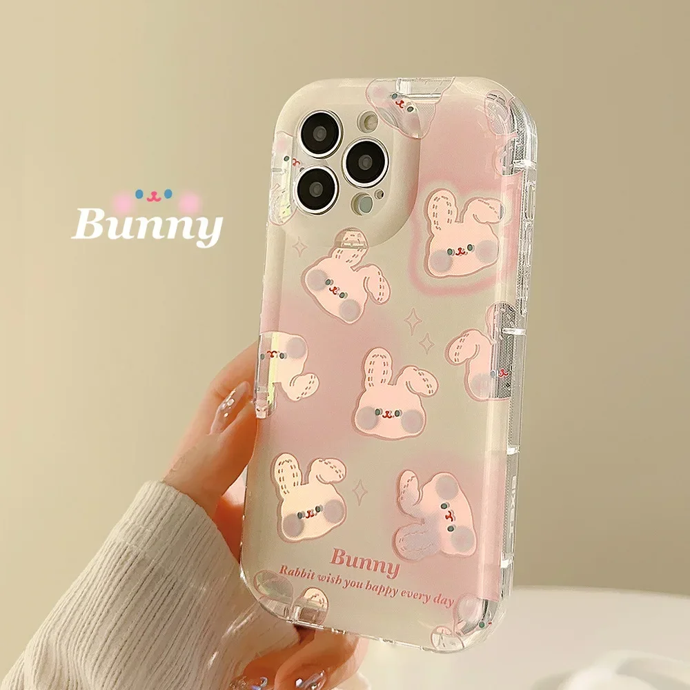 Прозрачный чехол для телефона Kawaii с розовым лазером, мультяшным кроликом и кроликом для iPhone 16, 15, 14, 13, 12, 11 Pro Max 14 Plus, милый чехол