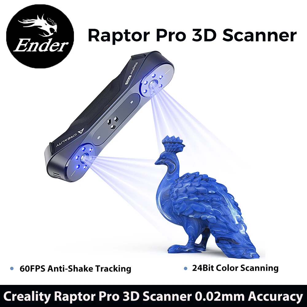3D-сканер Creality Raptor Pro, 60 кадров в секунду, отслеживание с защитой от сотрясений, 24-битное цветное сканирование, двойной режим, 22 + 7, синяя лазерная линия/NIR, точность 0,02 мм