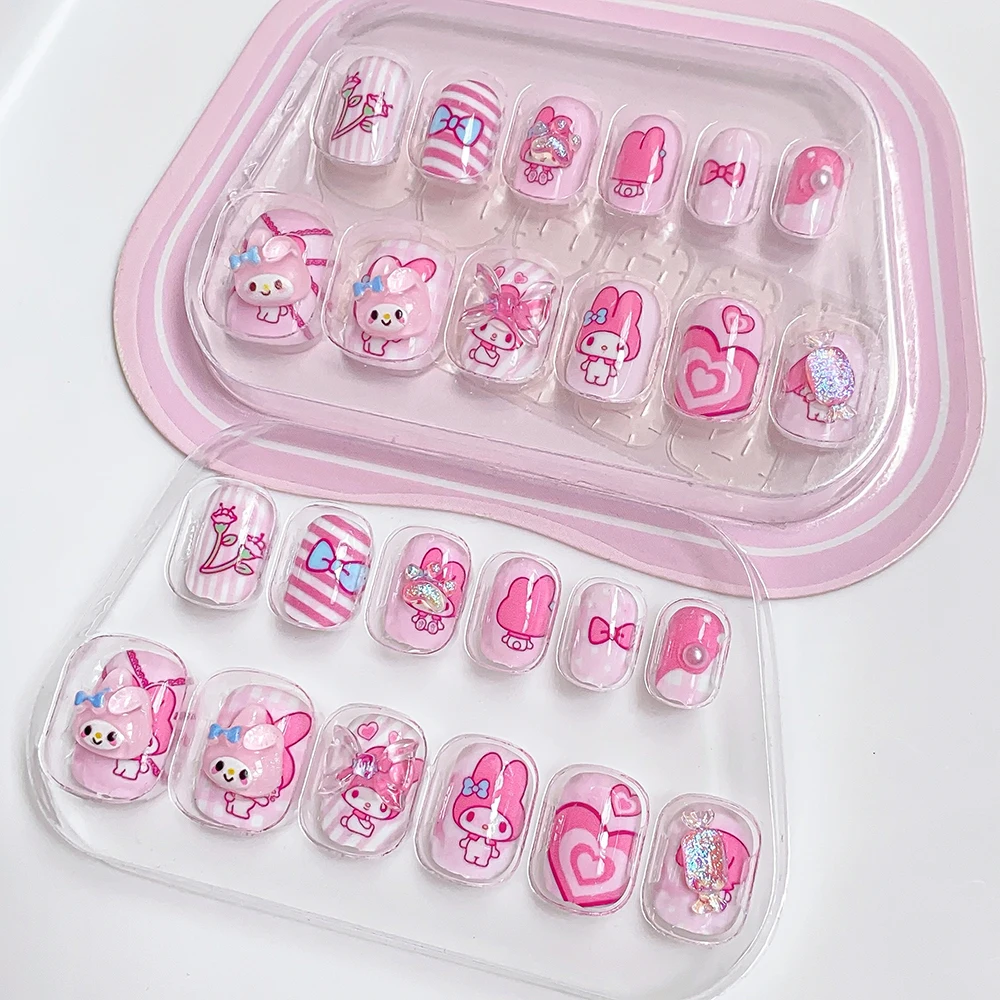 Фото 6 цветов для девочек Kuromi Hello Kitty Press On Nails 12Tips с желейным клеем, набор накладных ногтей Kawaii, мультяшный аниме, накладные ногти для подарка ребенку №4