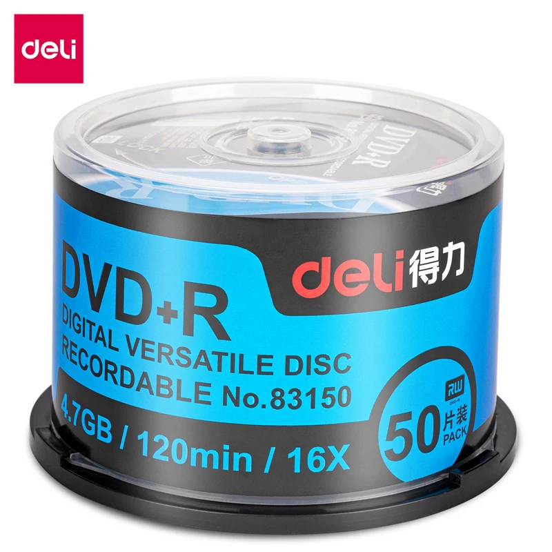 50 шт./лот, полная коробка Deli 83150 DVD + R, пустой диск, компактный записываемый диск, 4,7 ГБ/120 мин/16x DVD + R, черные диски, оптовая продажа
