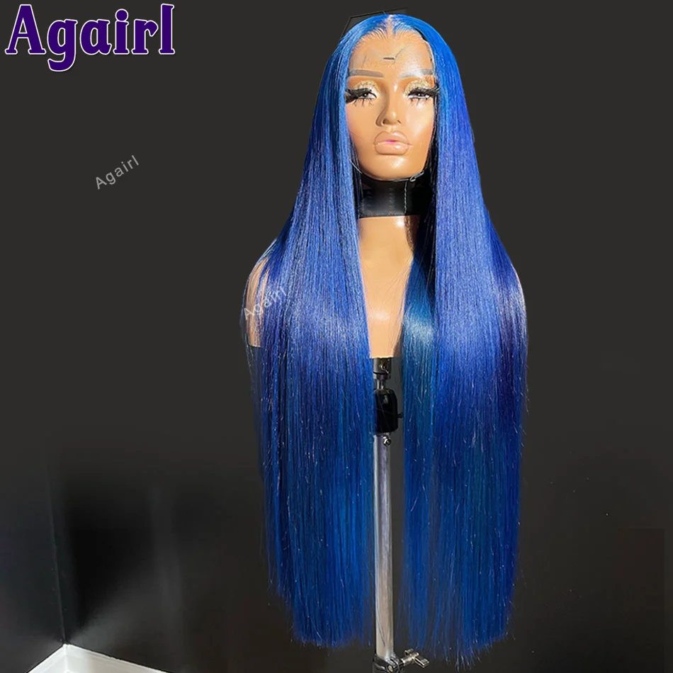 32 34 Inch Navy Blue Bone Straight 6X4 Lace Closure Human Hair Wigs Pre Plucked Transparent 13x6 Lace Frontal Wig for Women 200%