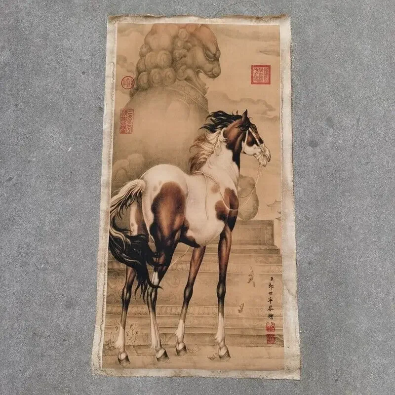Старый китайский каллиграфия, прокрутка, ручная роспись, краска «Lang Shi Ning Horse»