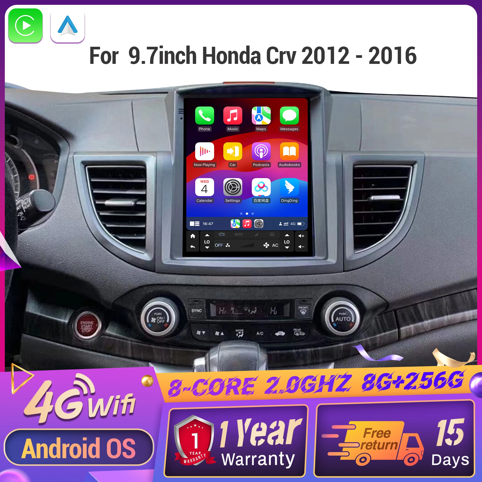9,7-дюймовый автомобильный радиоприемник Android 14 для Honda Crv 2012-2016 навигационный мультимедийный беспроводной сенсорный экран Carplay