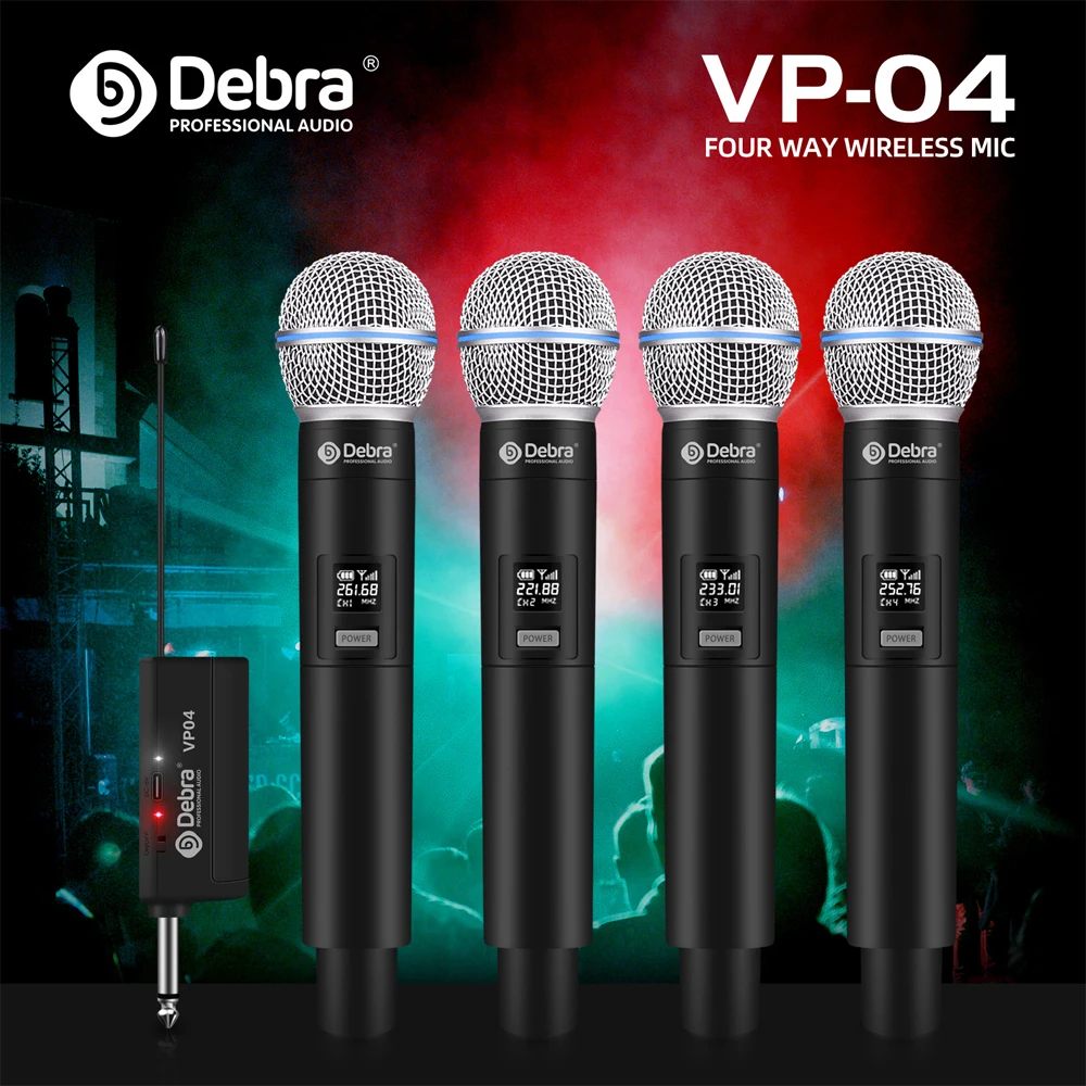 Debra VP-01/02/04 Беспроводной микрофон 4-канальная система Ручные микрофоны Встроенная литиевая батарея Перезаряжаемая для караоке-школы Портативное аудио и видео