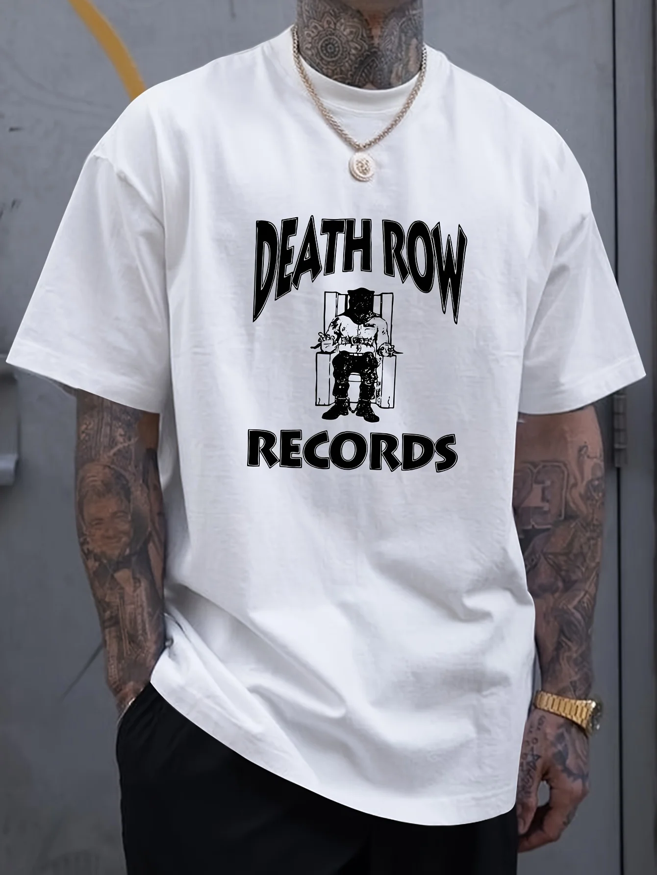 Мужская футболка с рисунком Death Row Records — черный хлопковый круглый вырез, дышащая и машинная стирка, жирный белый принт