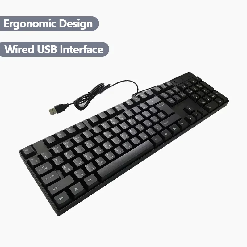 Русская, испанская, французская, английская, арабская, проводная USB-клавиатура, эргономичный дизайн, игровой офис, 104 клавиши, языковая клавиатура для ПК, ноутбука