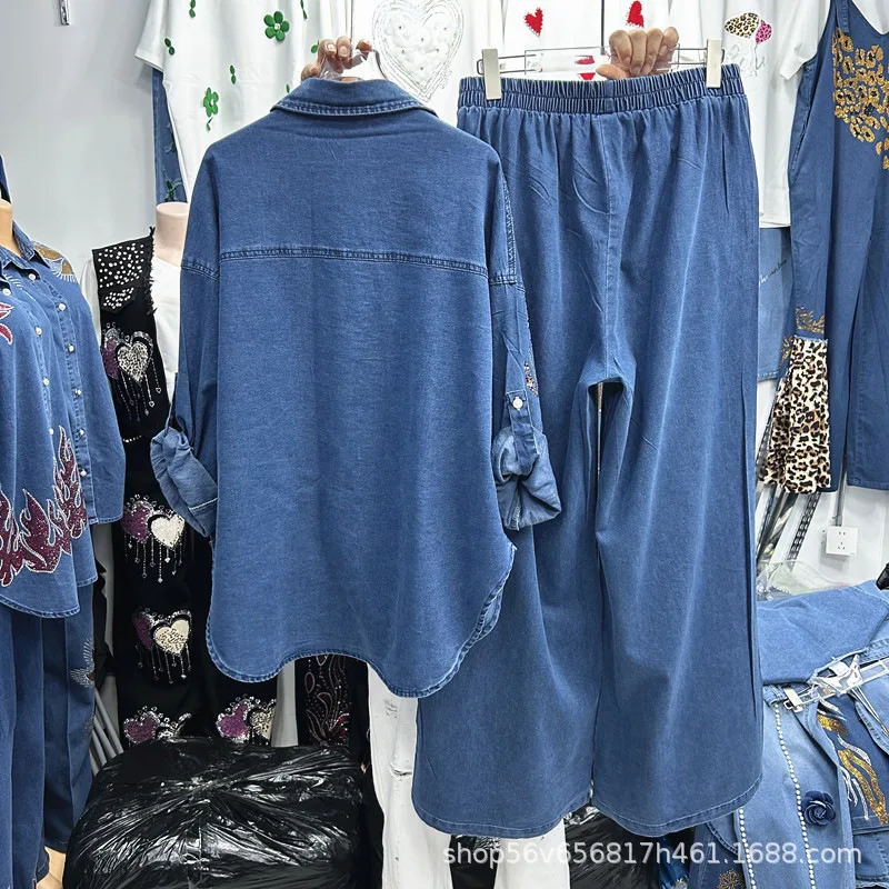 Фото Американский уличный джинсовый комплект из двух предметов, блестящая однобортная свободная рубашка с длинными рукавами, топ + широкие джинсы с эластичной резинкой на талии №3