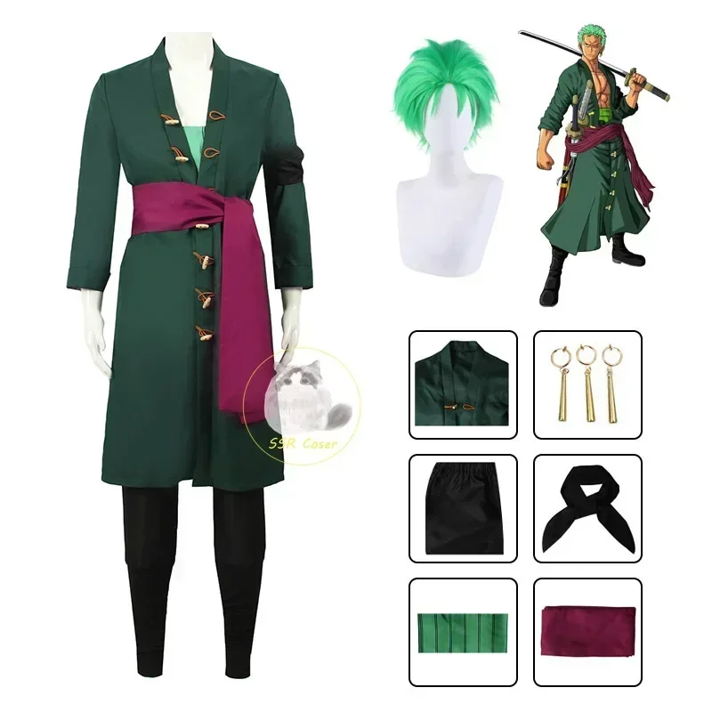 Аниме роророноа Зоро косплей костум Униформа Groene Jas Riem Broek single Roronoa Zoro Pruik Oorbellen Хэллоуин мужская одежда