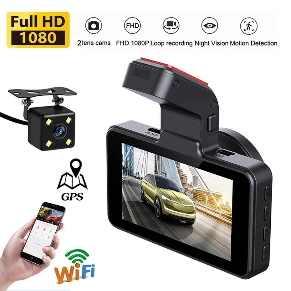 Видеорегистратор автомобильный, Wi-Fi, Full HD 1080P, с камерой заднего вида
