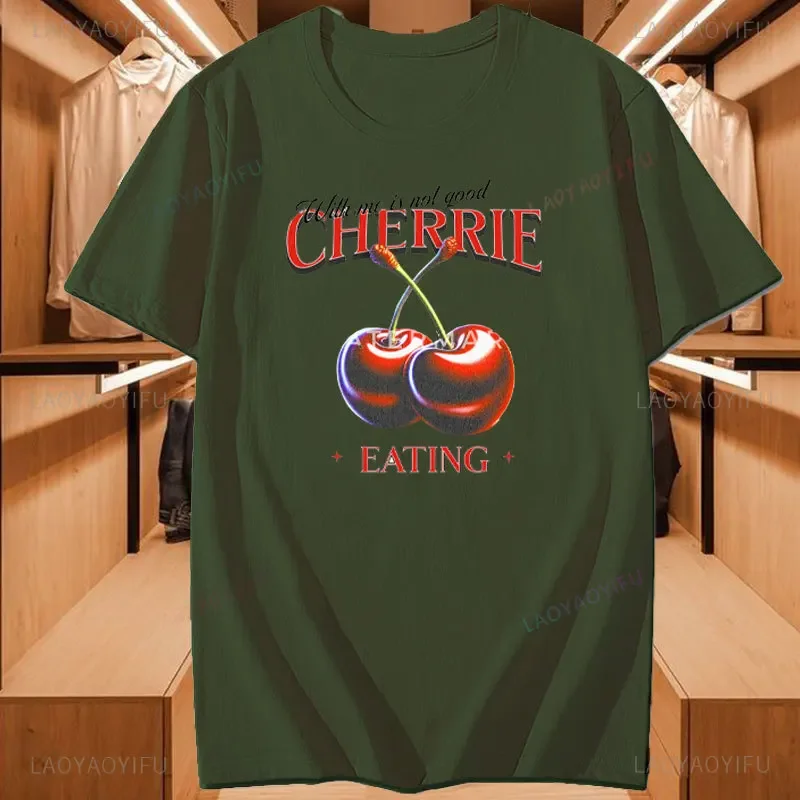 Фото Футболка с принтом Cherrie with Me Is Not Good Eating, летняя футболка с простым фруктовым узором, женская и мужская футболка, хлопковые топы высокого качества, винтажные №5