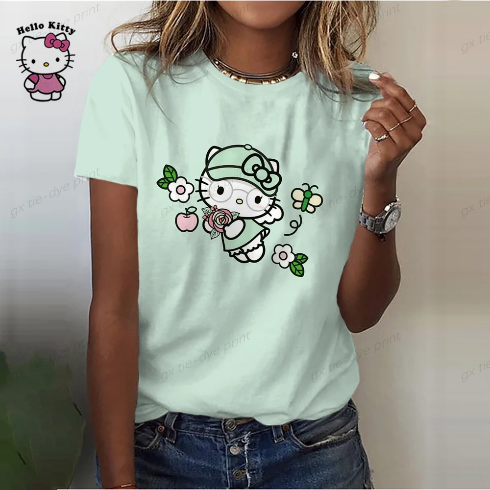 Фото 2023 Летняя женская футболка в стиле Харадзюку, футболки с принтом Hello Kitty, повседневные блузки, повседневные пуловеры, женская футболка, дизайнерская уличная одежда №2
