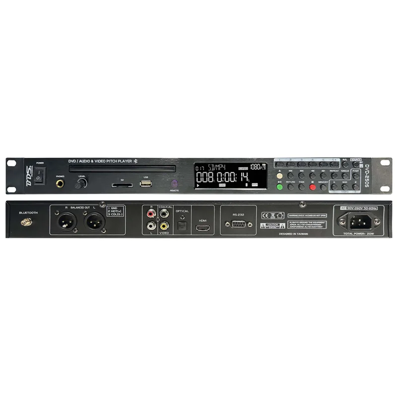Тонкий стоечный DVD-плеер 1U, 44 мм |   Bluetooth 5.2, HDMI, XLR |   Управление кадром караоке, USB/SD, H.264 |   90В-260В Глобальный (3кг)