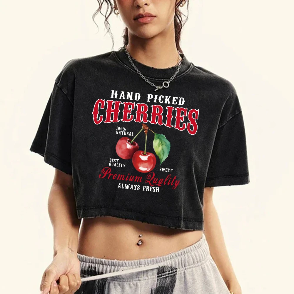 Фото Hand Picked Cherries Always Fresh Prints Washed T Shirt Women Retro Sport Short Sleeve Summer Tees Clothing Crop Fashion T-Shirt №2