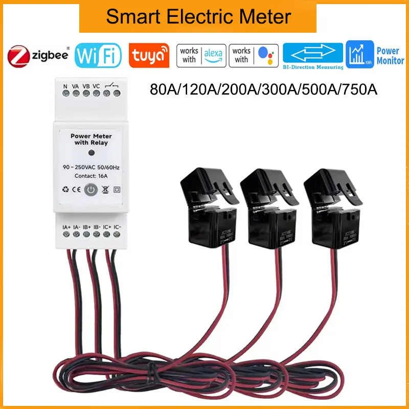Tuya WiFi Zigbee 3-фазный счетчик электроэнергии 80A/120A/200A/300A/500A двунаправленная энергия кВтч приборный монитор с реле 3CT