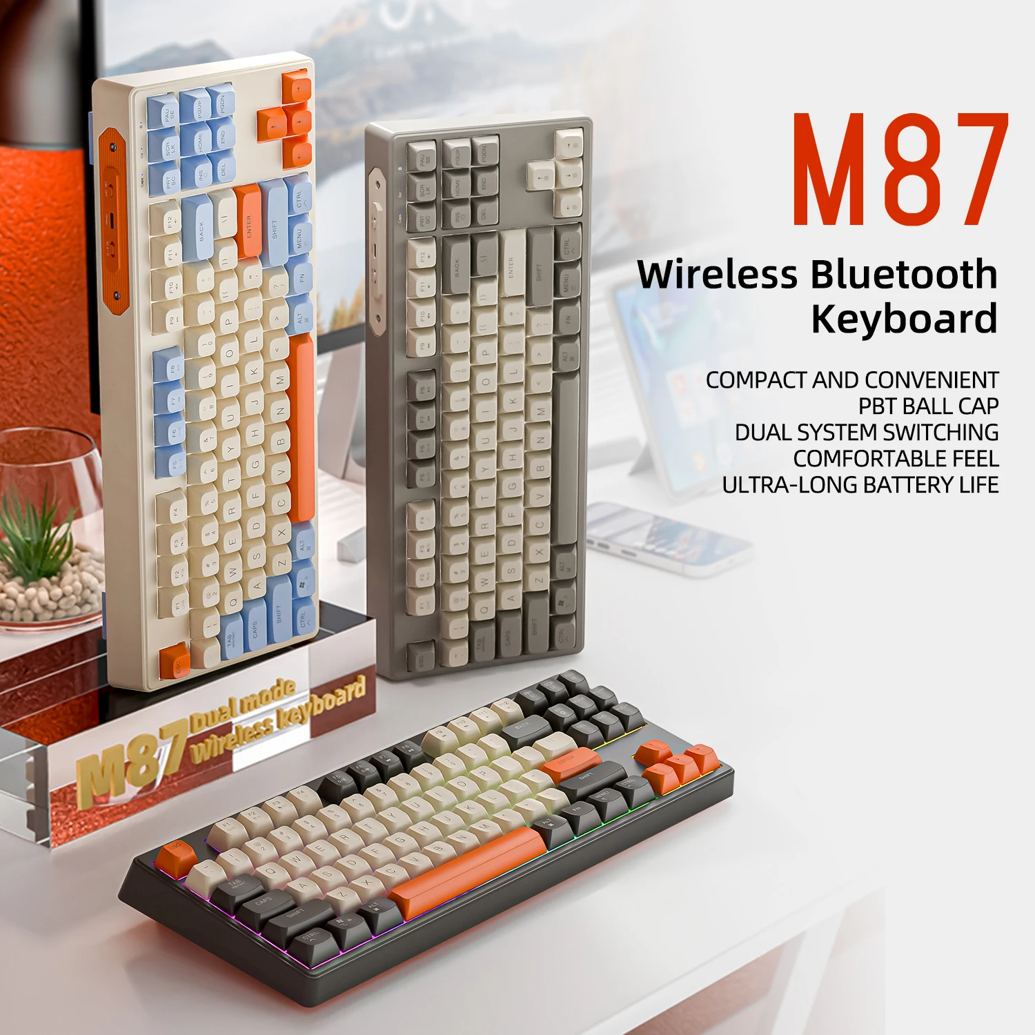 Игровая Bluetooth-клавиатура M87, двухрежимное соединение 2,4 ГГц, шарик PBT, радужная искусственная кожа, подходит для компьютеров, ноутбуков и Mac